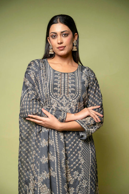 Black Crepe Readymade Sharara Set With Crepe Dupatta