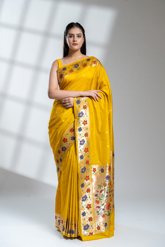 Mustard Banarasi Silk Saree With Unstitched Blouse