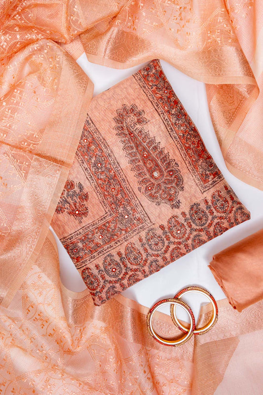 Peach Cotton Unstitched Salwar Suit With Cotton Dupatta