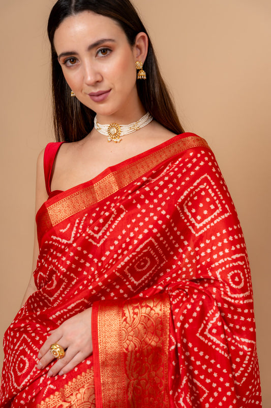 Heritage Heirloom Maroon Cotton Saree Bandhani Print with Zari Border With Unstitched Blouse