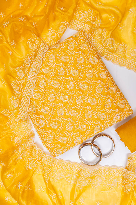 Mustard Organza Unstitched Salwar Suit With Organza Dupatta