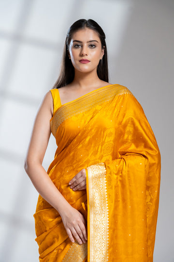 Mustard Banarasi Silk Saree With Unstitched Blouse