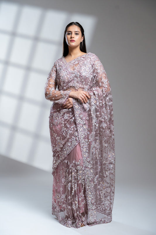 Onion Net Embroidered Saree With Readymade Blouse