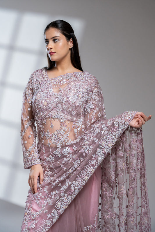 Onion Net Embroidered Saree With Readymade Blouse