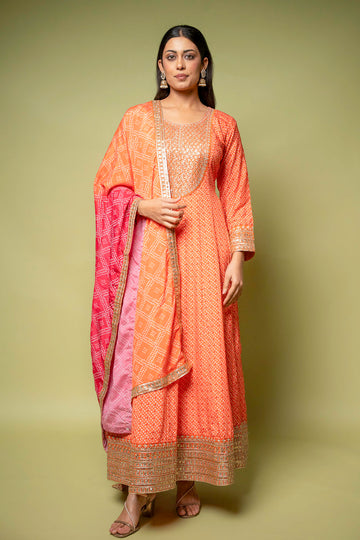 Orange Chinon Floor Length Readymade Suit With Chinon Dupatta