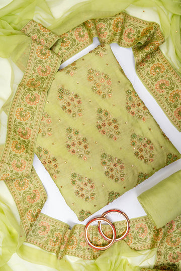 Mehndi Crepe Unstitched Salwar Suit With Chiffon Dupatta