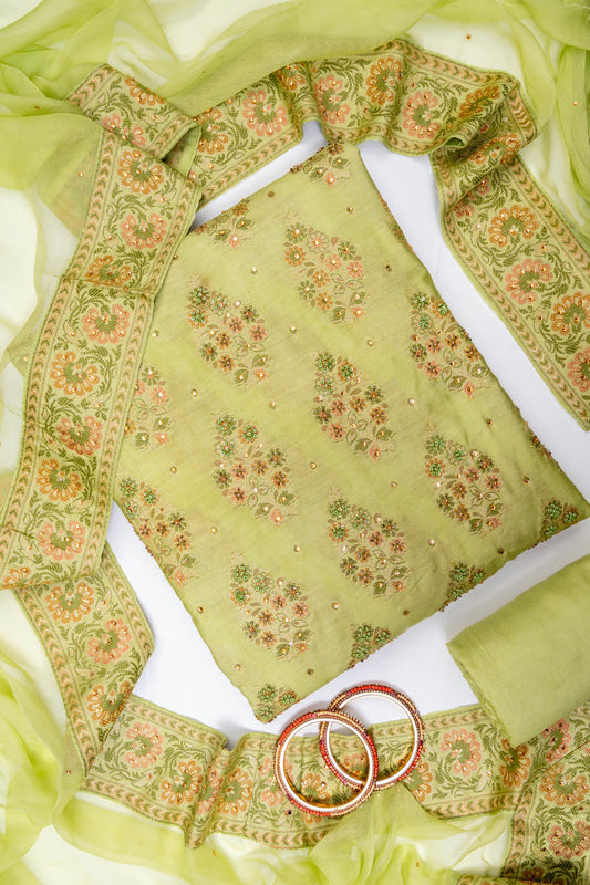 Mehndi Crepe Unstitched Salwar Suit With Chiffon Dupatta