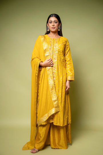 Mustard Dola Readymade Suit And Palazzo With Chiffon Dupatta