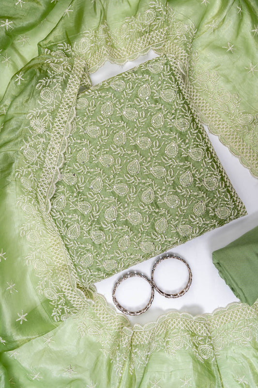 Pista Organza Unstitched Salwar Suit With Organza Dupatta