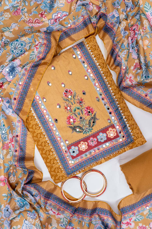 Mustard Georgette Unstitched Salwar Suit With Chinon Dupatta