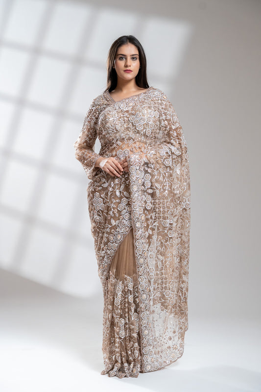 Tussar Net Embroidered Saree With Readymade Blouse
