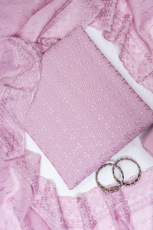 Mauve Chanderi Cotton Unstitched Salwar Suit With Cotton Dupatta