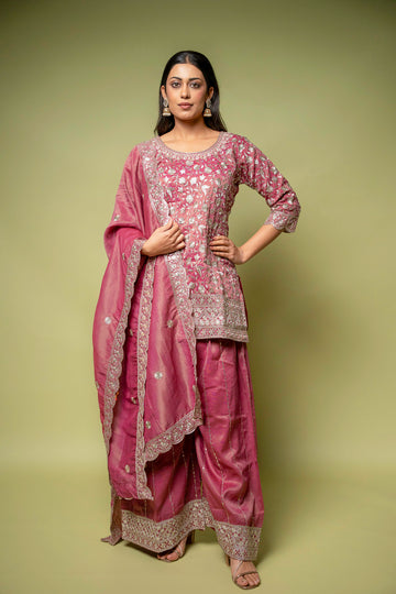 Dark Gajari Foil Tissue Readymade Sharara Set With Foil Tissue Dupatta