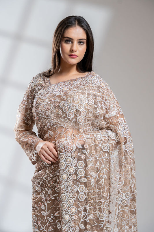 Tussar Net Embroidered Saree With Readymade Blouse