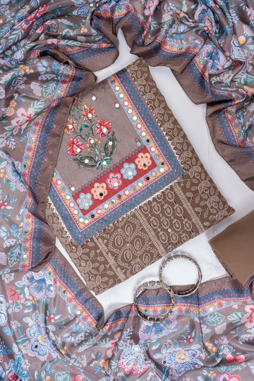 Chikoo Georgette Unstitched Salwar Suit With Chinon Dupatta