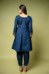 Navy Blue Cotton Readymade Suit With Dhoti Style Pant & Net Dupatta