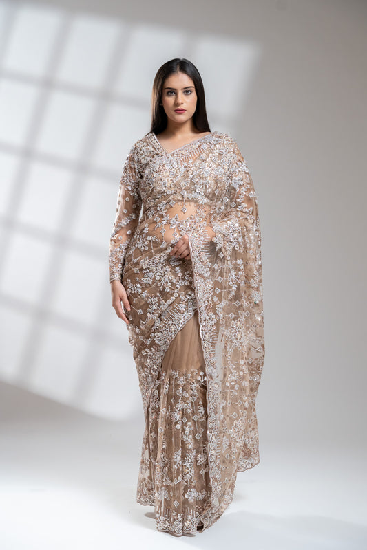 Tussar Net Embroidered Saree With Readymade Blouse