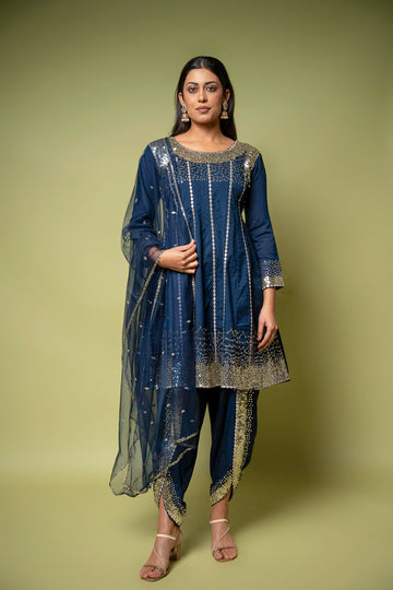 Navy Blue Cotton Readymade Suit With Dhoti Style Pant & Net Dupatta