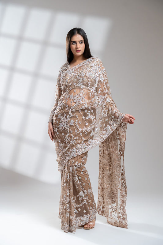 Tussar Net Embroidered Saree With Readymade Blouse