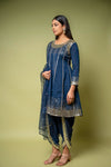 Navy Blue Cotton Readymade Suit With Dhoti Style Pant & Net Dupatta