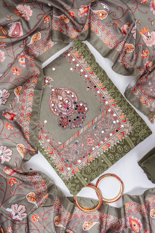 Mehndi Georgette Unstitched Salwar Suit With Chinon Dupatta