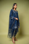 Navy Blue Cotton Readymade Suit With Dhoti Style Pant & Net Dupatta