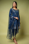 Navy Blue Cotton Readymade Suit With Dhoti Style Pant & Net Dupatta