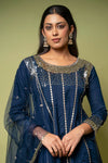 Navy Blue Cotton Readymade Suit With Dhoti Style Pant & Net Dupatta
