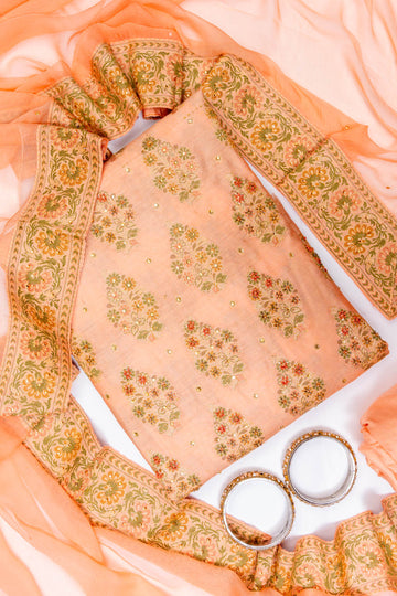 Peach Crepe Unstitched Salwar Suit With Chiffon Dupatta