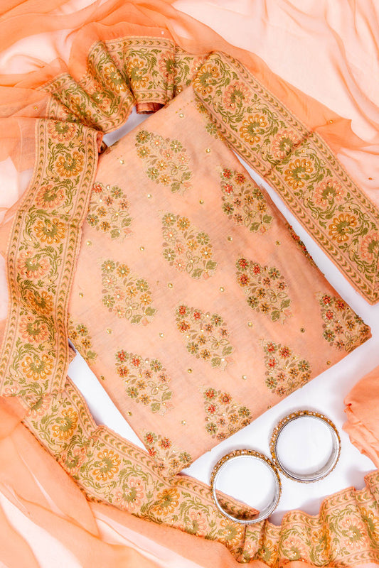 Peach Crepe Unstitched Salwar Suit With Chiffon Dupatta
