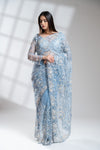 Blue Grey Net Embroidered Saree With Readymade Blouse