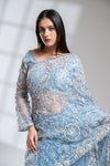 Blue Grey Net Embroidered Saree With Readymade Blouse