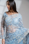 Blue Grey Net Embroidered Saree With Readymade Blouse