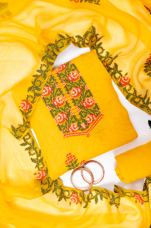 Mustard Georgette Unstitched Salwar Suit With Cotton Dupatta