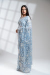 Blue Grey Net Embroidered Saree With Readymade Blouse