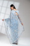 Blue Grey Net Embroidered Saree With Readymade Blouse