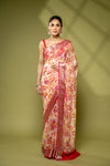 Off White Rani Chiffon Saree With Unstitched Blouse