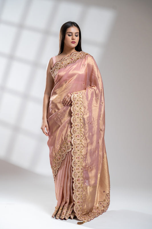 Onion Banarasi Silk Saree With Unstitched Blouse