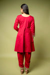 Red Cotton Readymade Suit With Dhoti Style Pant & Net Dupatta