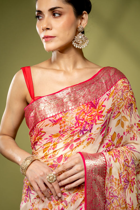 Off White Rani Chiffon Saree With Unstitched Blouse