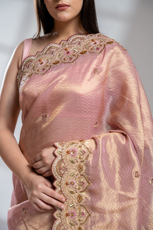 Onion Banarasi Silk Saree With Unstitched Blouse