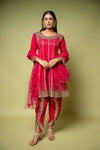 Red Cotton Readymade Suit With Dhoti Style Pant & Net Dupatta