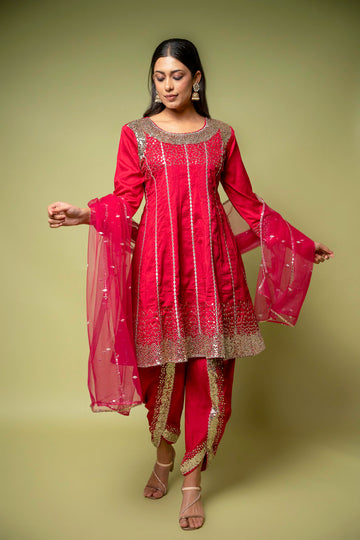 Red Cotton Readymade Suit With Dhoti Style Pant & Net Dupatta