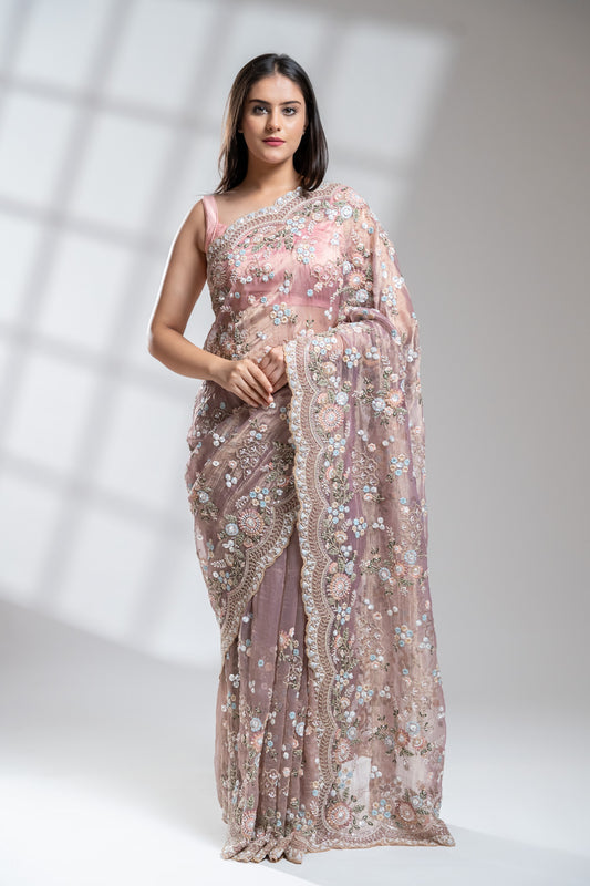 Mauve Tissue Embroidered Saree With Readymade Blouse