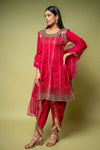 Red Cotton Readymade Suit With Dhoti Style Pant & Net Dupatta