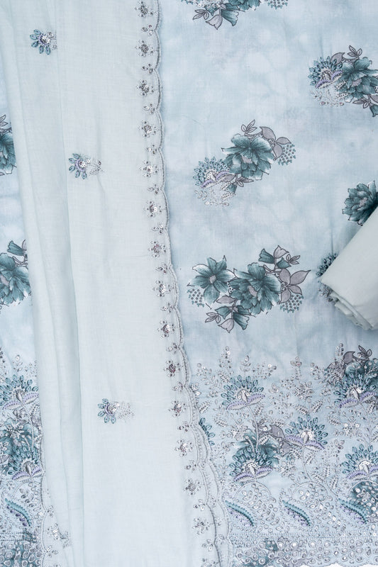 Grey Cotton Unstitched Salwar Suit With Cotton Dupatta