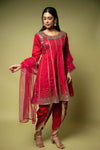 Red Cotton Readymade Suit With Dhoti Style Pant & Net Dupatta