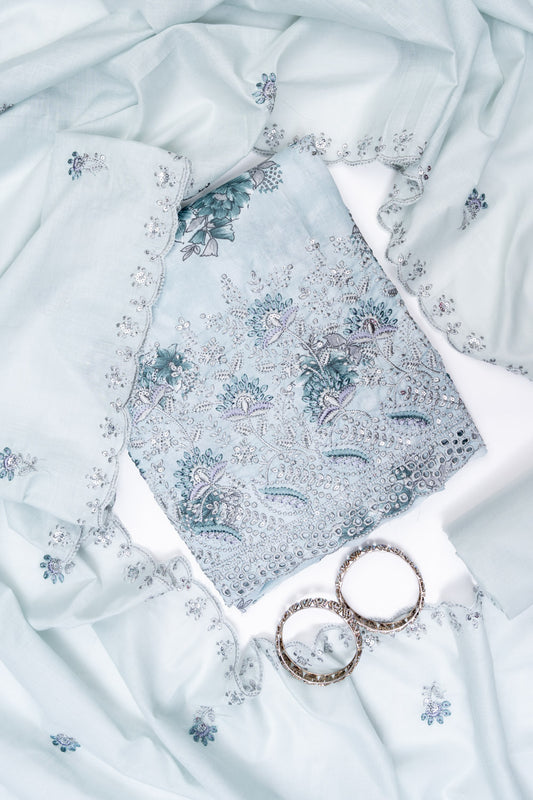 Grey Cotton Unstitched Salwar Suit With Cotton Dupatta