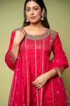 Red Cotton Readymade Suit With Dhoti Style Pant & Net Dupatta