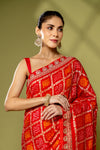 Red Cotton Embroidered Saree With Unstitched Blouse